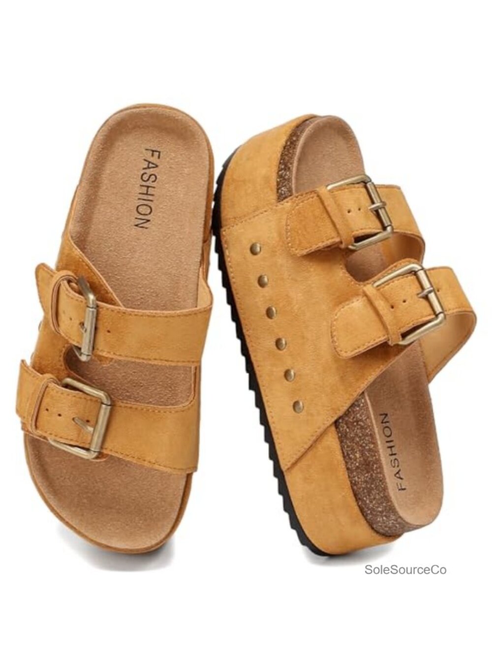 Platform Sandals Cork Footbed Slides Double Buckles Adjustable Open Toe